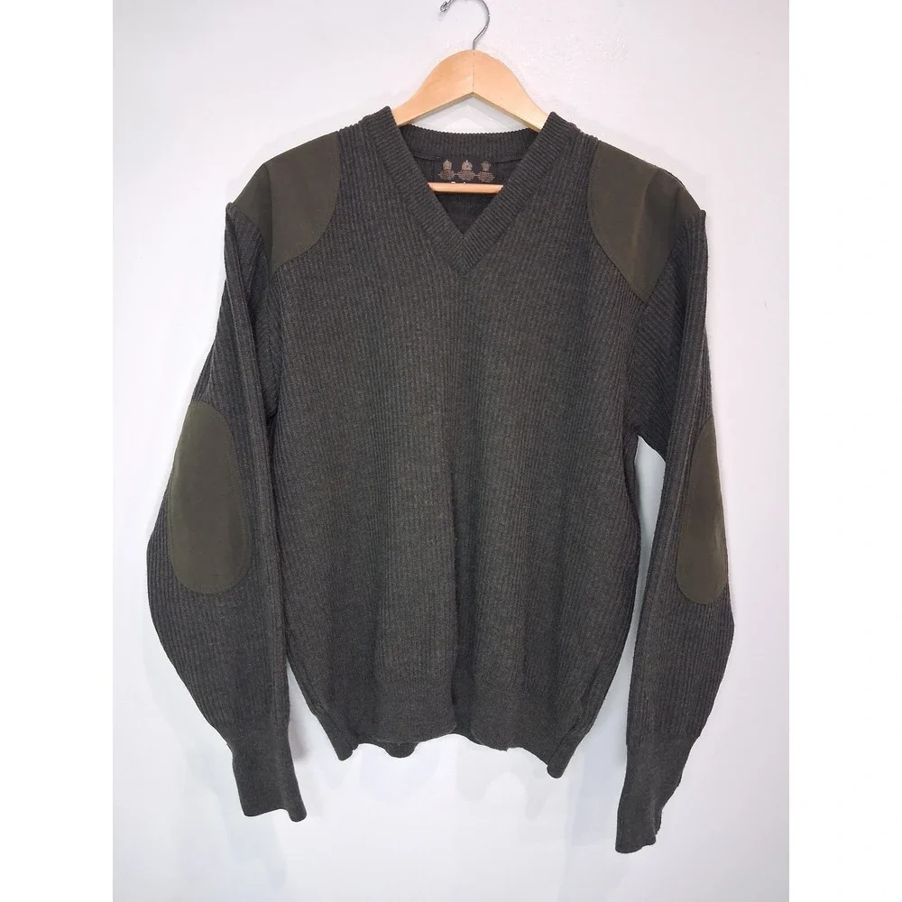 Barbour Scotland Sport Sweater Mens Large Olive Green 100% Wool Patch Pullover